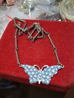 Source Unknown Silver Butterfly Necklace with Light Blue Stones